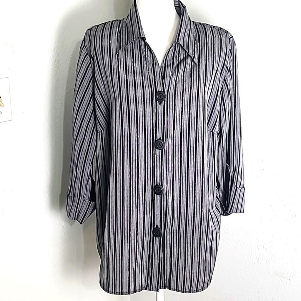 Gloria Lance Vintage Buttondown Blouse,Gray, Black & Metallic Stripe, Size 2X